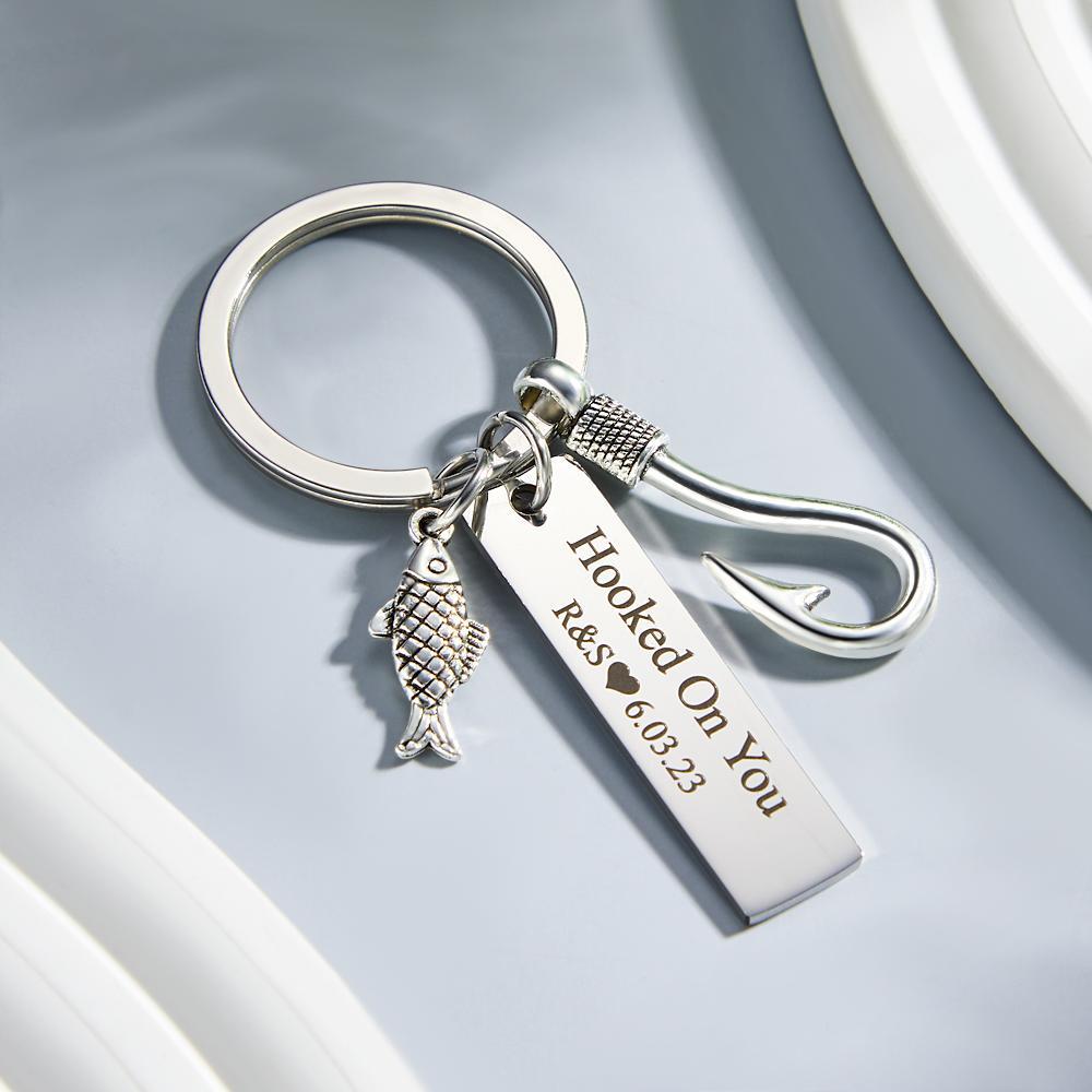 Custom Engraved Keychain Hooked on You Fish Hook Gifts