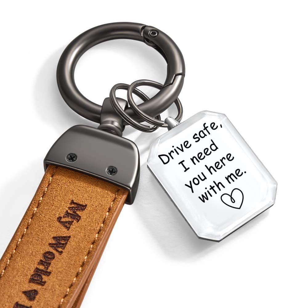Drive Safe My Love Personalized Laser Engraved PU Leather Crystal Photo KeyChain