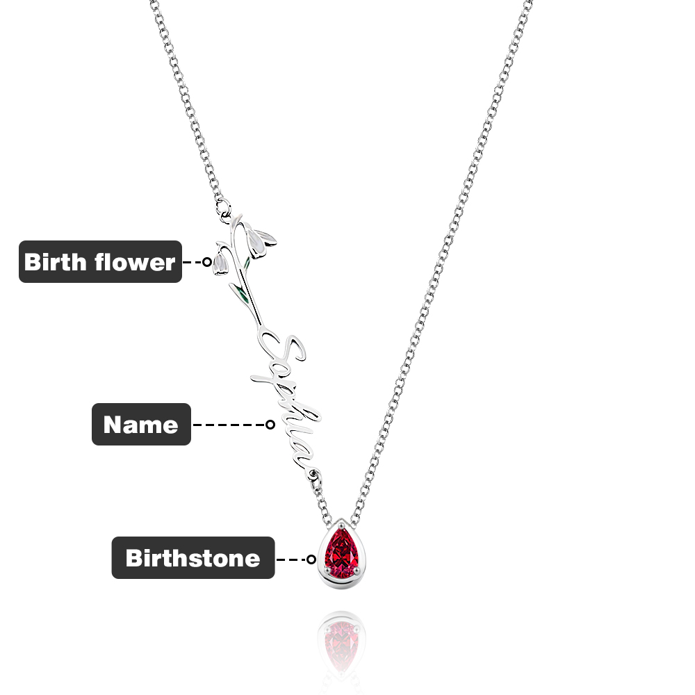Personalized Birth Flower Birthstone Necklace with Name Necklace Jewelry Gift for Her