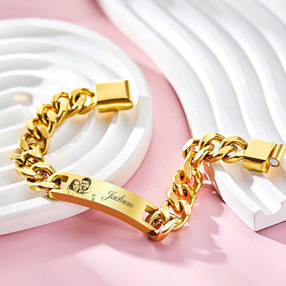 Custom Engraved Men's Bracelet Stainless Steel Photo Vintage Bracelet Jewelry Father's Day Gifts-Gold