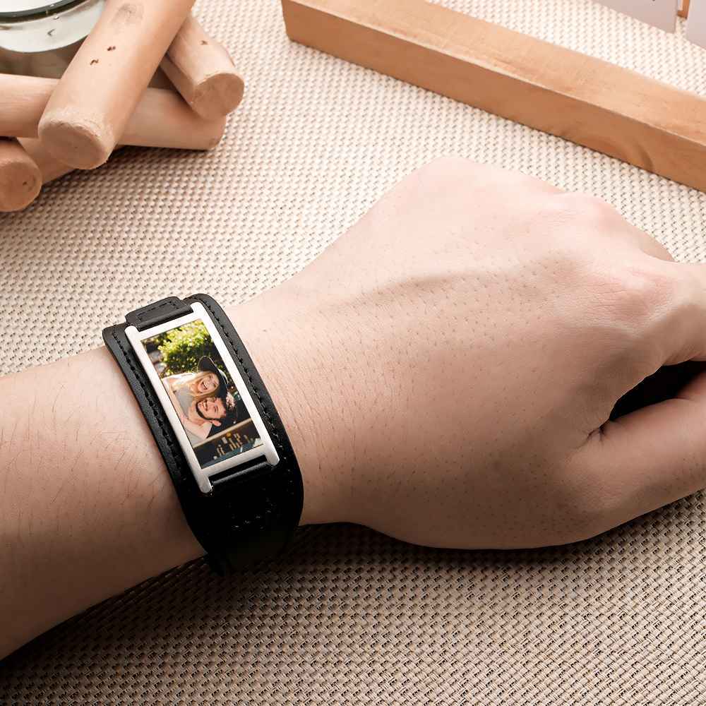 Personalized Photo PU Leather Bracelet Vintage Wide Bracelet For Men