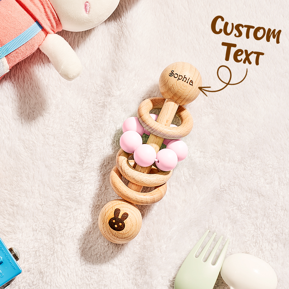 Personalized Wooden Baby Rattle with Engraved Name Toy Shower Birthday Gift for Baby