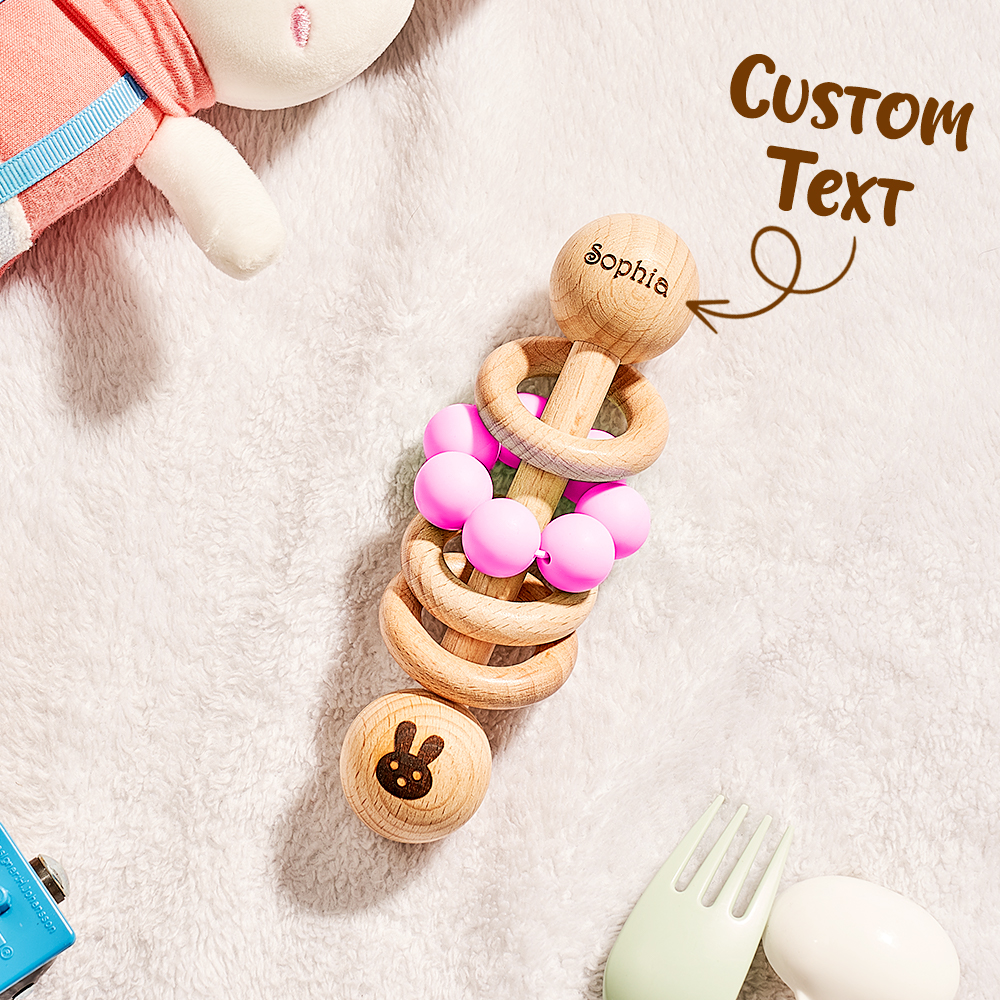 Personalized Wooden Baby Rattle with Engraved Name Toy Shower Birthday Gift for Baby