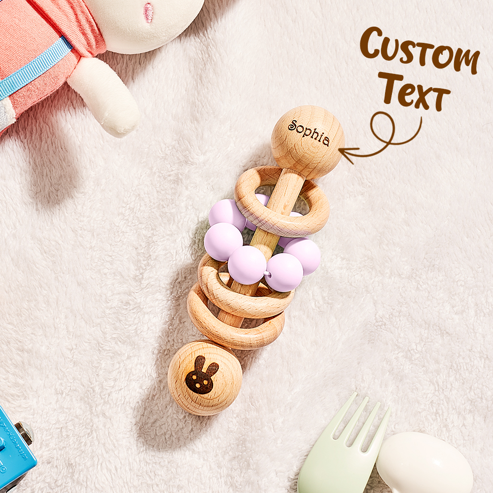 Personalized Wooden Baby Rattle with Engraved Name Toy Shower Birthday Gift for Baby