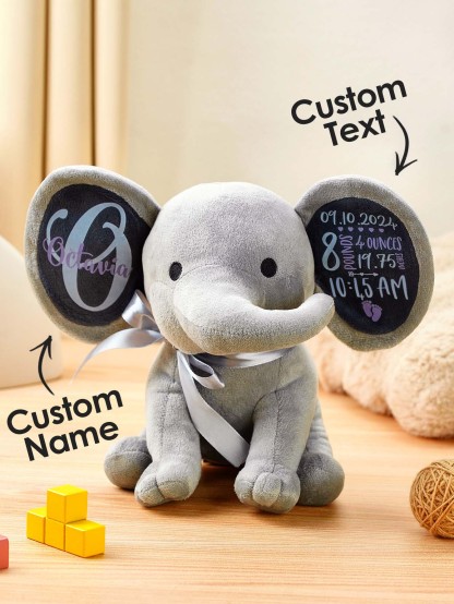 Personalized Elephant Plush Stuffed Animal Birth Announcement Gift for Baby
