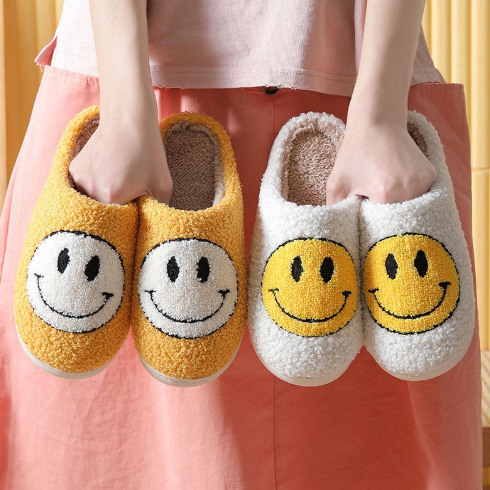 Smiley Face Cotton Slippers Fuzzy Fluffy Slippers Warm Cozy House Slippers For Women And Men