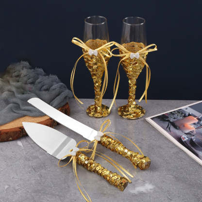 Wedding Wine Glasses Cake Cutting Set Gold Sequin Wine Glasses Champagne Cups