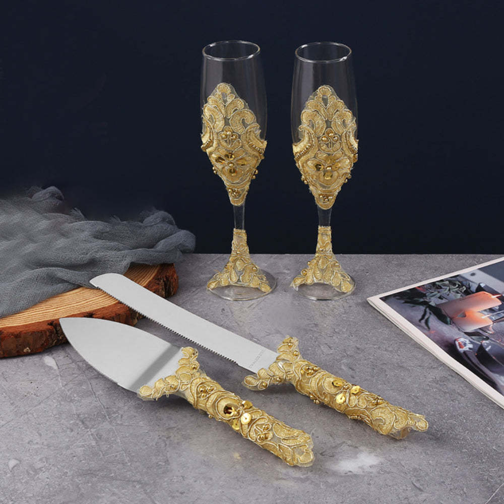 Wedding Wine Glasses Cake Cutting Set Gold Sequin Wine Glasses Champagne Cups
