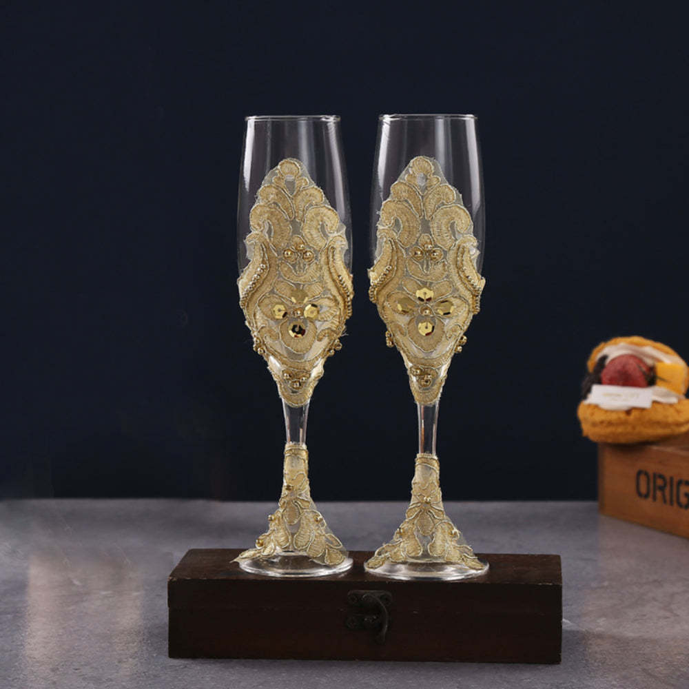 Wedding Wine Glasses Cake Cutting Set Gold Sequin Wine Glasses Champagne Cups