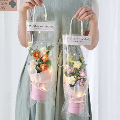 Crochet Flowers Bouquet Handmade Knitted Bouquet with Light Strip Birthday Gift for Lovers Wedding Gift