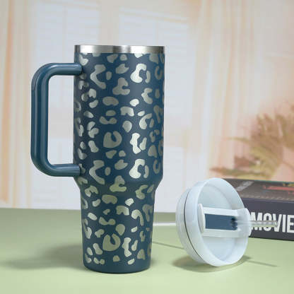 40oz Insulated Mug with Handle and Straw Colorful Leopard Pattern Stainless Steel Travel Cup Gift for Family Friends Couples