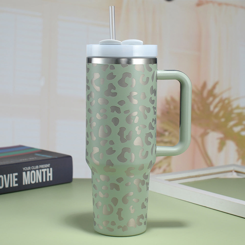 40oz Insulated Mug with Handle and Straw Colorful Leopard Pattern Stainless Steel Travel Cup Gift for Family Friends Couples