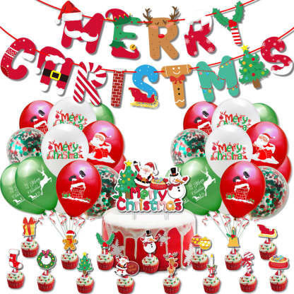 Christmas Balloons Set with Banner and Cake Topper for Christmas Party Decorations