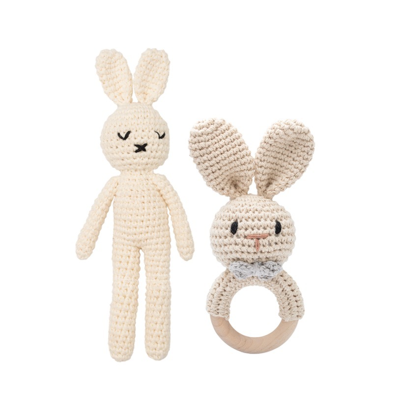 Knitted Dolls Toy Cute Animal Wooden Baby Rattle for Children's Educational Toy