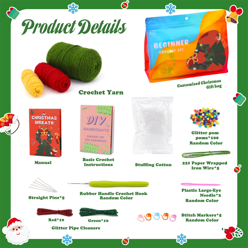 Christmas Wreath DIY Crochet Kit for Beginners with Step-by-Step Video Tutorials Gifts for Adults and Kids