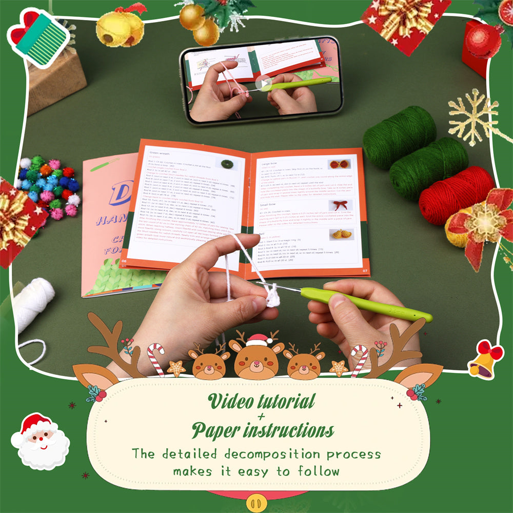 Christmas Wreath DIY Crochet Kit for Beginners with Step-by-Step Video Tutorials Gift for Adults and Kids