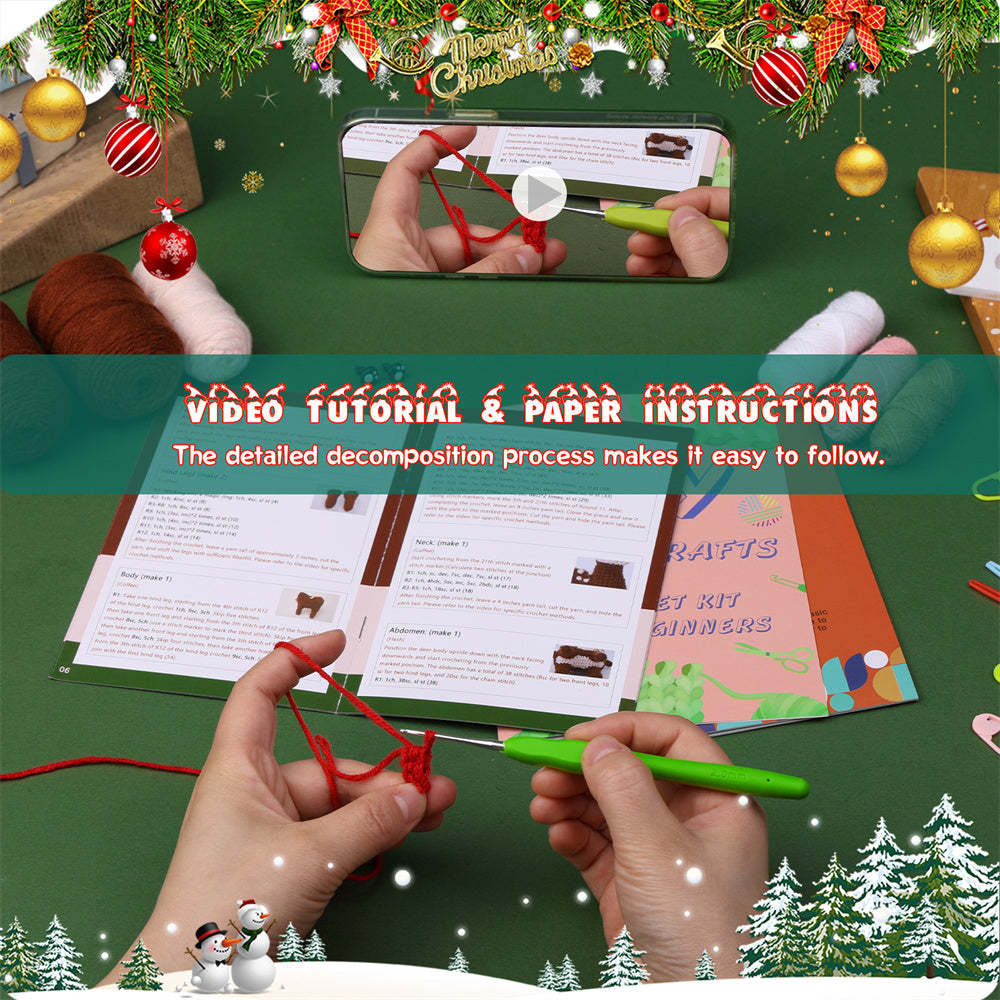 Christmas Deer DIY Crochet Kit for Beginners with Step-by-Step Video Tutorials Gifts for Adults and Kids