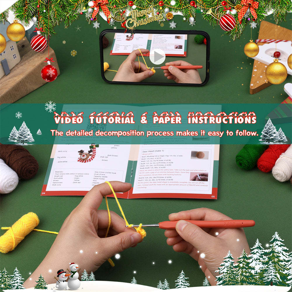 Christmas Crutch Deer DIY Crochet Kit for Beginners with Step-by-Step Video Tutorials Gifts for Adults and Kids