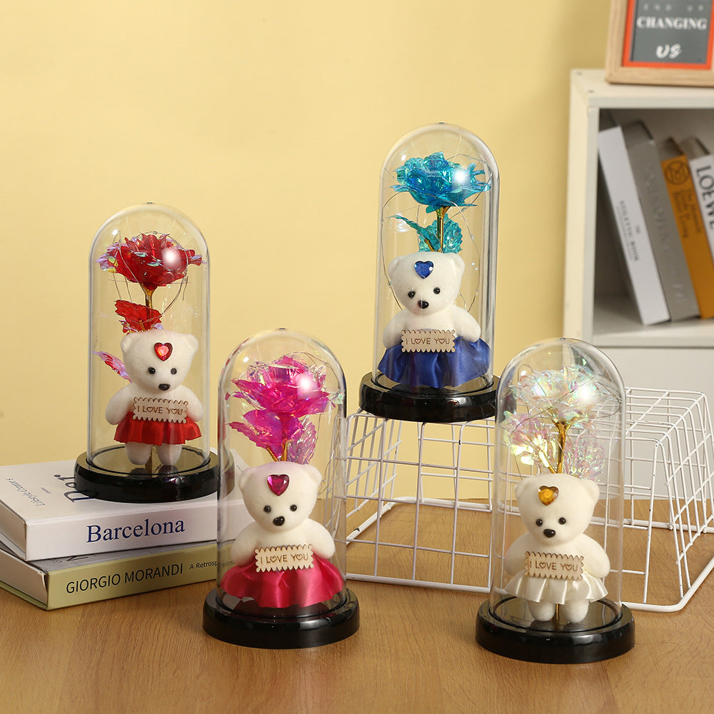 Romantic Simulation Eternal Rose Flower Bear Glass Cover LED Night Light