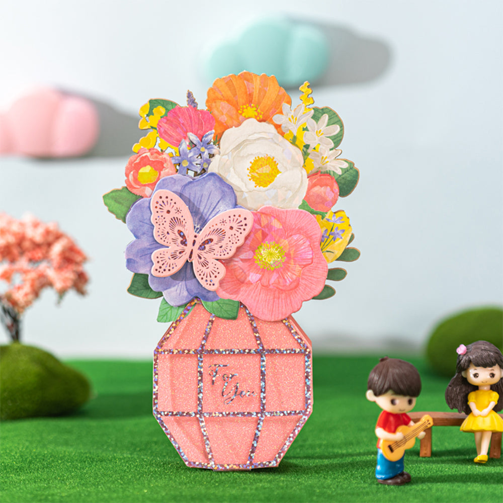 Creative 3D Pop Up Greeting Card Wedding Butterfly Love Round Vase Card