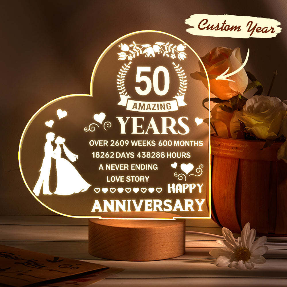 Personalised Night Light Heart Shaped Acrylic Lamp Anniversary Wedding Gifts for Him or Her