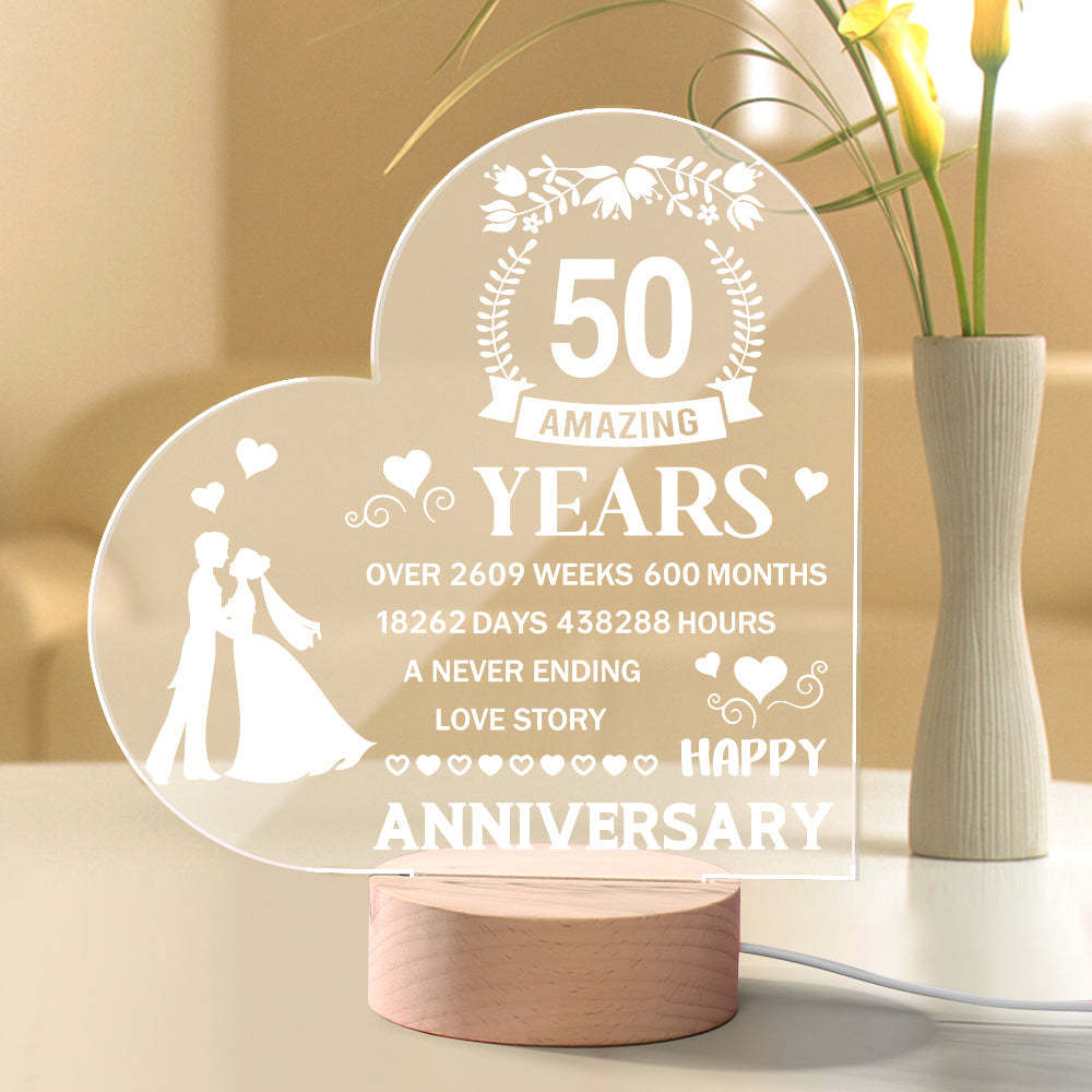 Personalised Night Light Heart Shaped Acrylic Lamp Anniversary Wedding Gifts for Him or Her