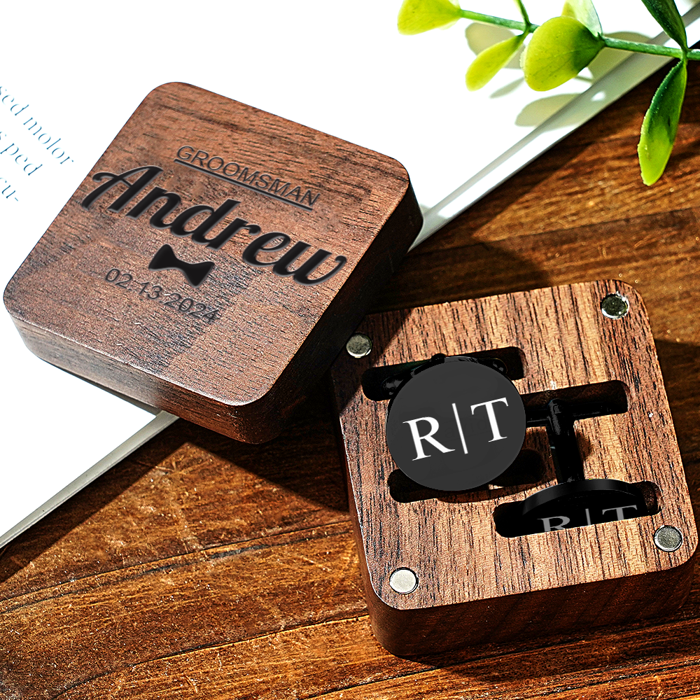 Personalized Engraved Cufflinks Set with Wooden Box Wedding Gift for Men Groomsmen