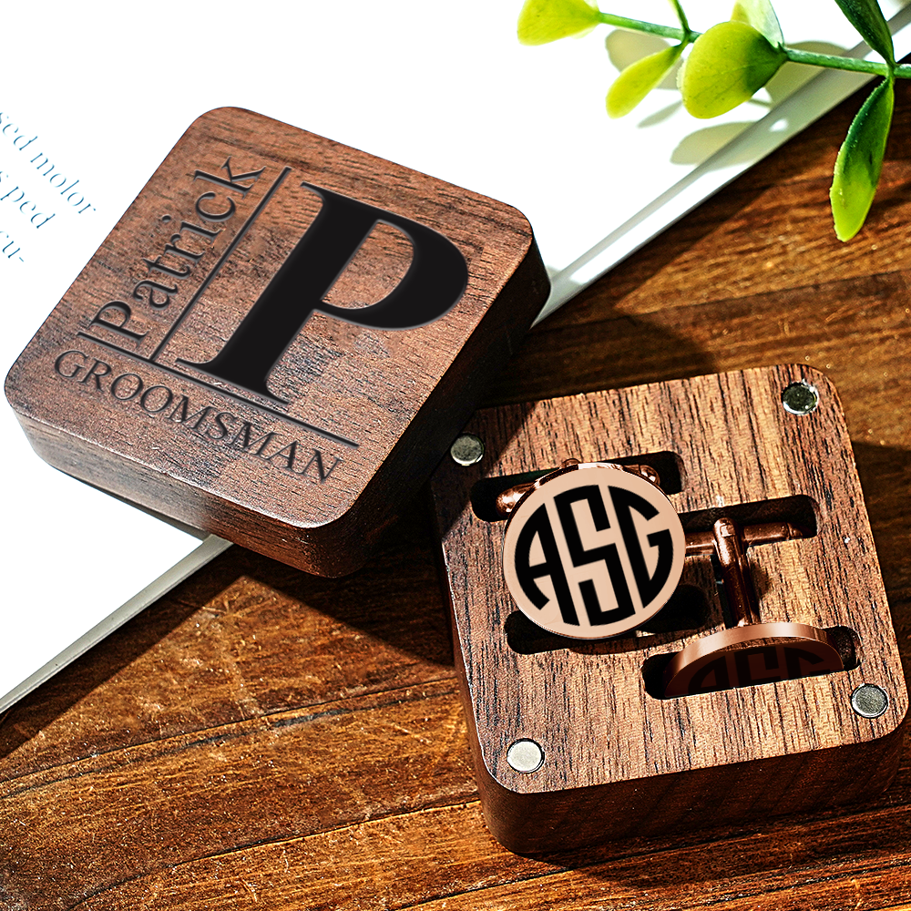 Personalized Engraved Cufflinks Set with Wooden Box Wedding Gift for Men Groomsmen
