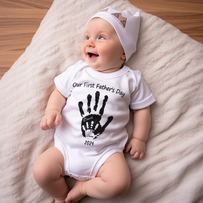 Personalized Our First Father’s Day Handprint Baby T-Shirt Gift for Baby