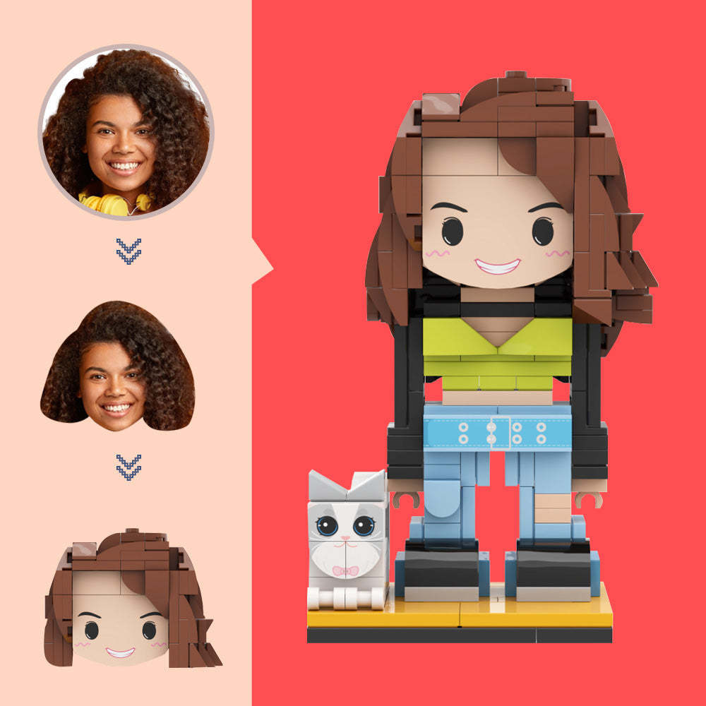 Custom Brick Figure with A Little Cat Custom Head Figures Small Particle Block Toy Customizable Brick Art Gifts