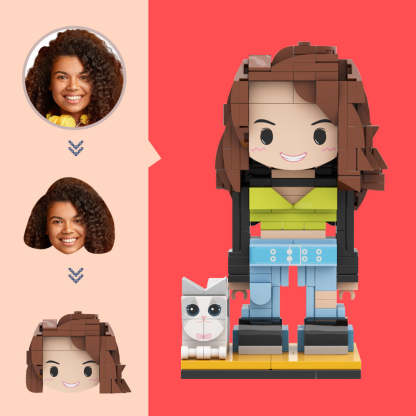 Custom Brick Figure with A Little Cat Custom Head Figures Small Particle Block Toy Customizable Brick Art Gifts