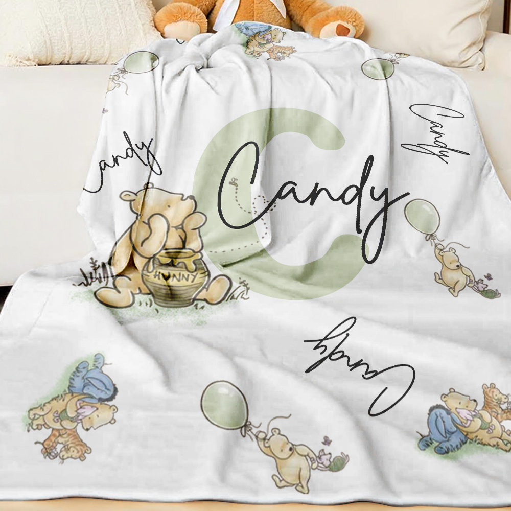 Personalized Winnie the Pooh Throw Blanket with Name Nursery Decor Birthday Baby Shower Gift for Kids