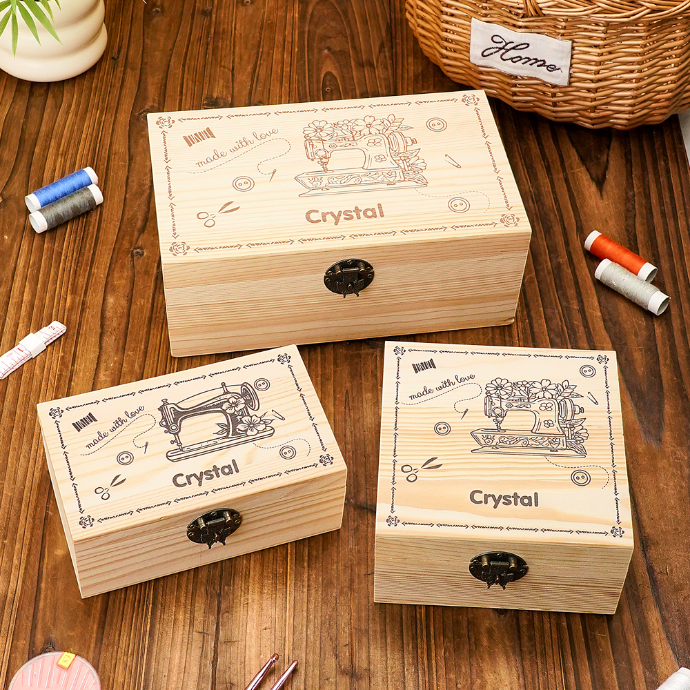 Personalized Sewing Machine Pattern Wooden Storage Box Gift for Seamstress Sewing Enthusiast