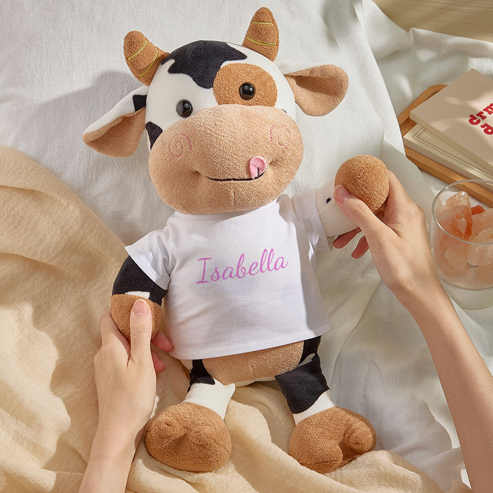 Personalized Cow Plush Stuffed Toy with Custom Text Gift for Baby Shower