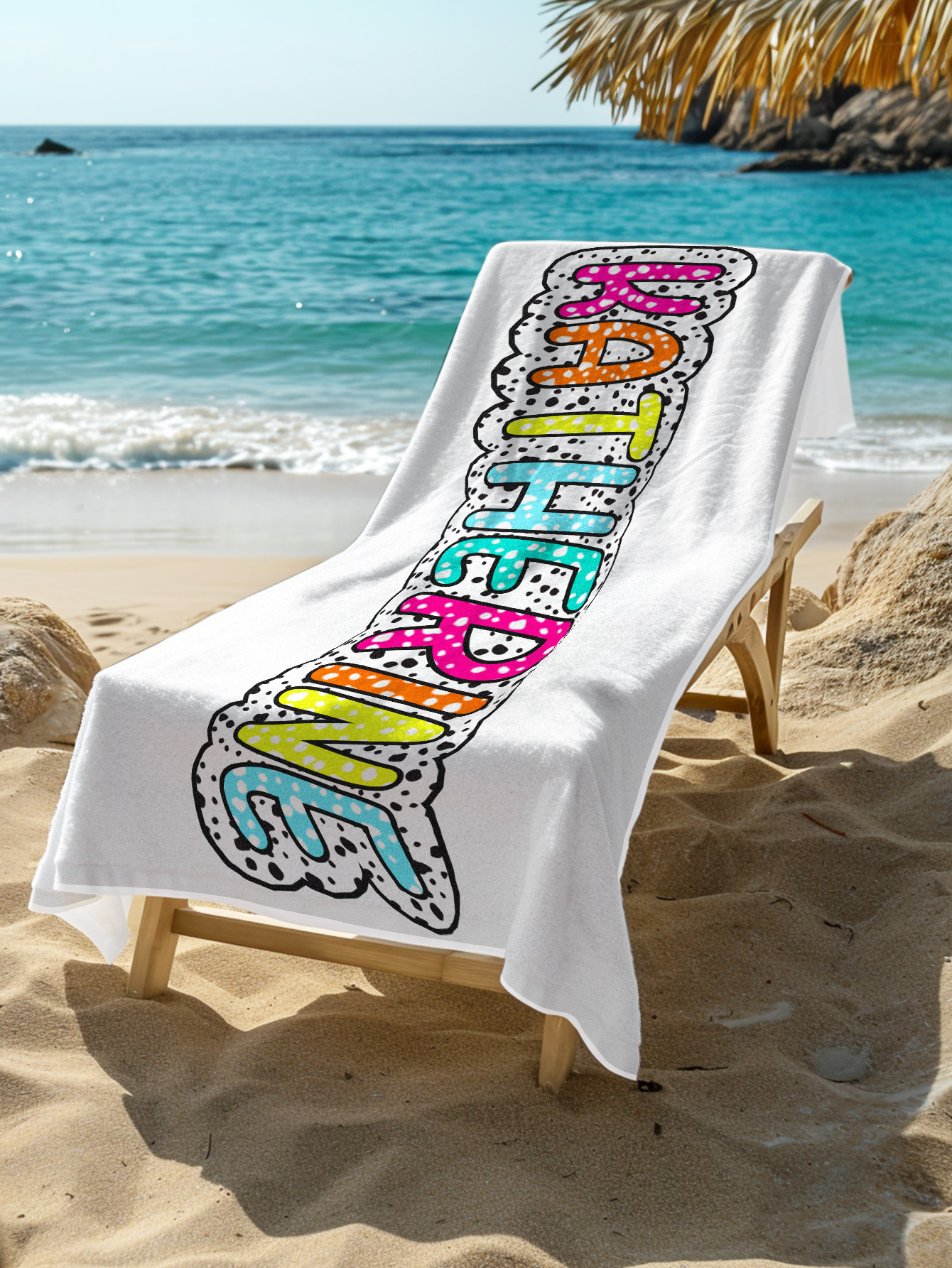Personalized Dalmatian Dots Beach Towel with Rainbow Name Summer Vacation Bridesmaid Party Gift for Her