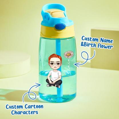Personalized Cartoon Birth Flower Water Bottle with Straw 16oz Water Bottle Gift for Kids