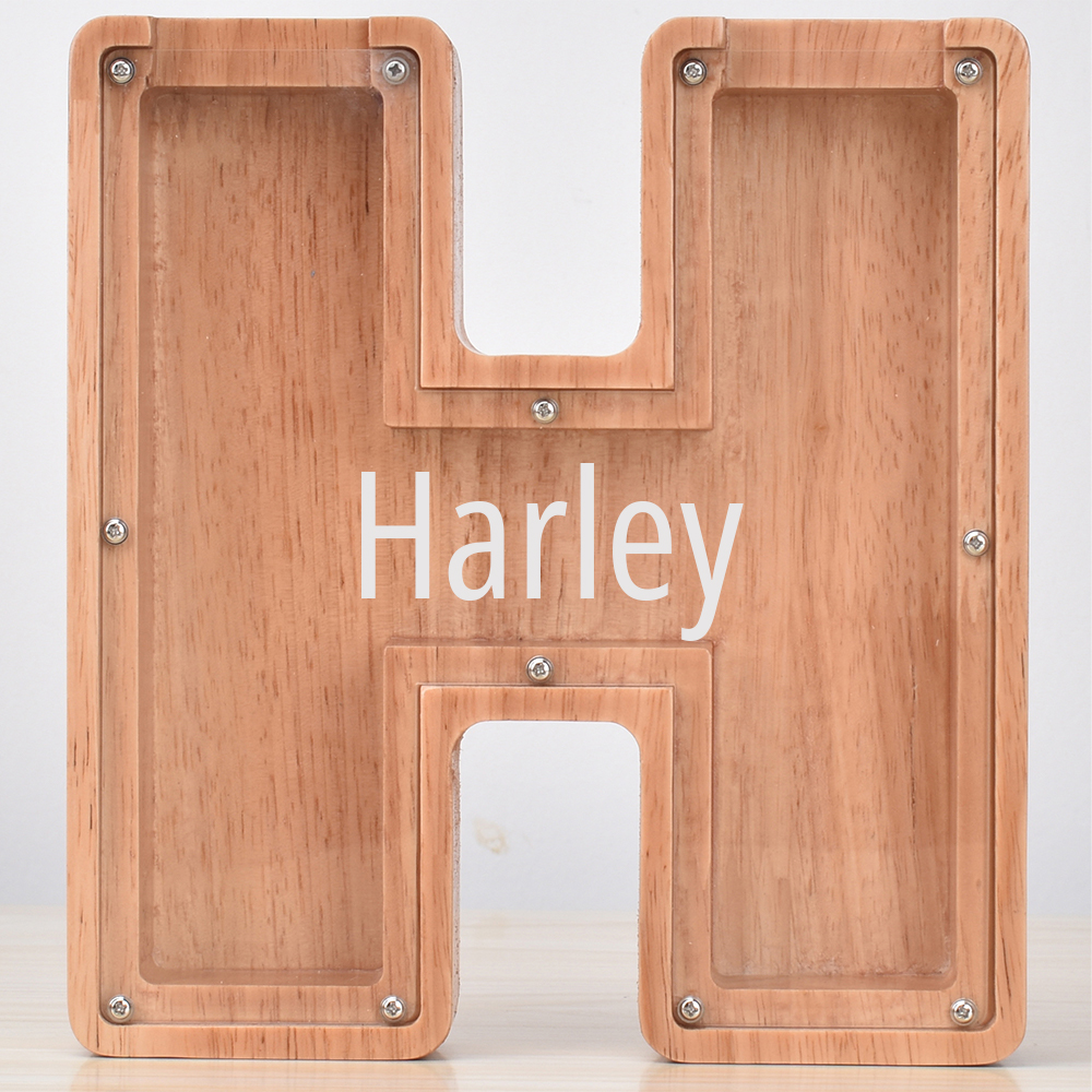 Custom Engraved Name Oak Wooden Letter Piggy Bank