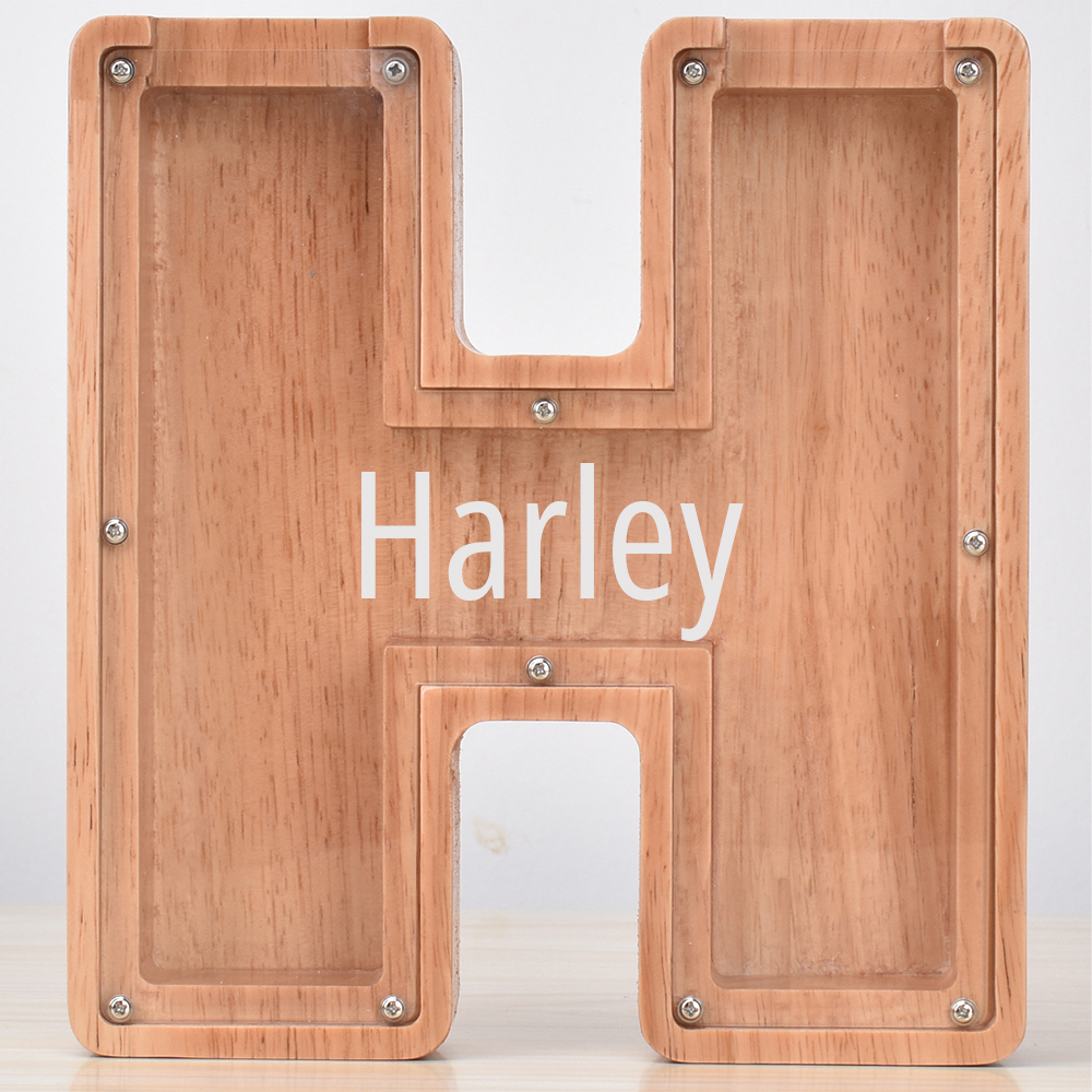 Custom Engraved Name Oak Wooden Letter Piggy Bank