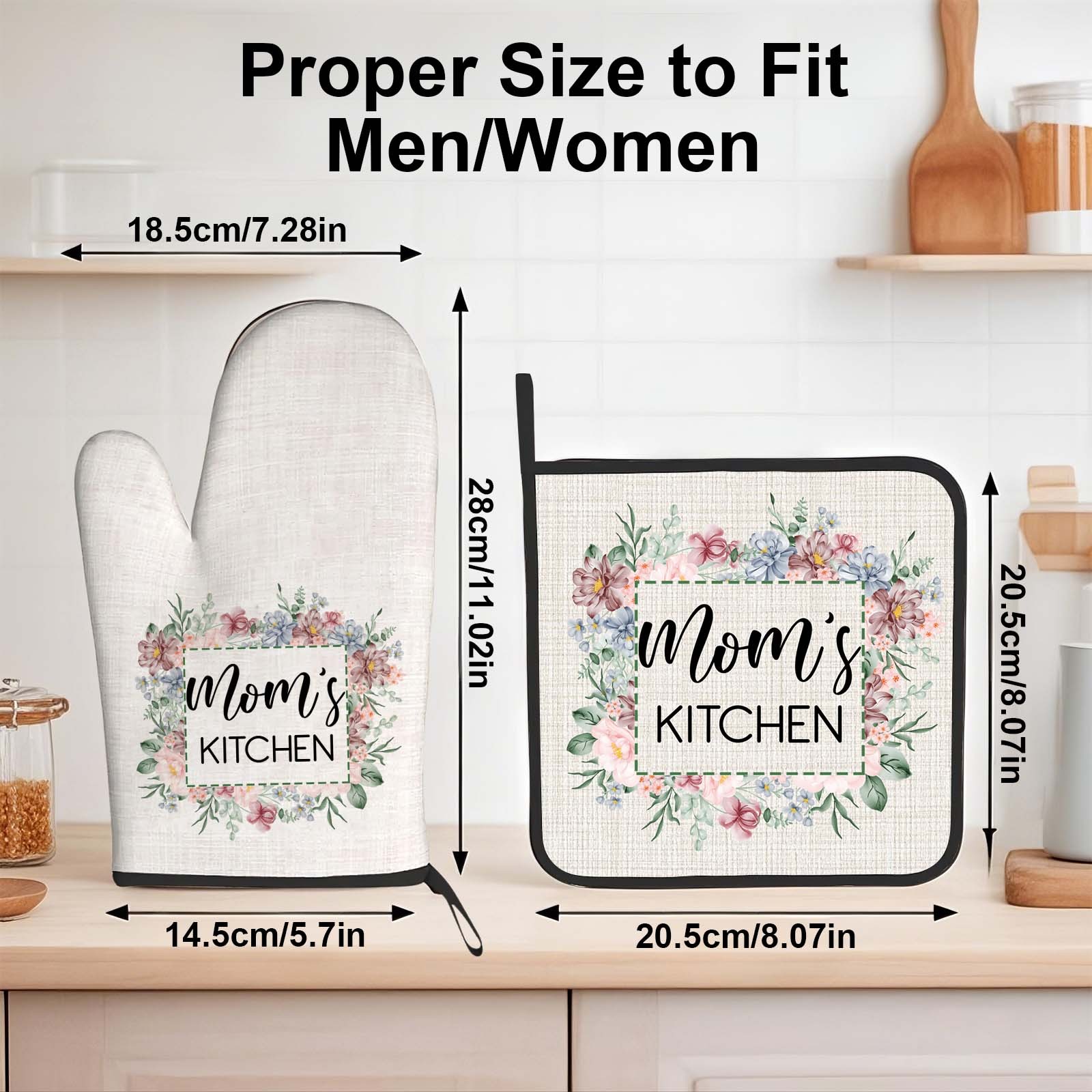 Personalized Flower Insulation Oven Mitt and Pot Holder Set with Text Kitchen Decor Gift for Mom
