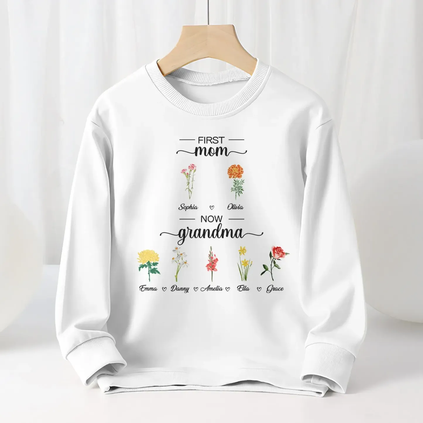 Personalized First Mom Now Grandma Sweatshirt Custom Birth Flowers Sweatshirts for Mother's Day Gift
