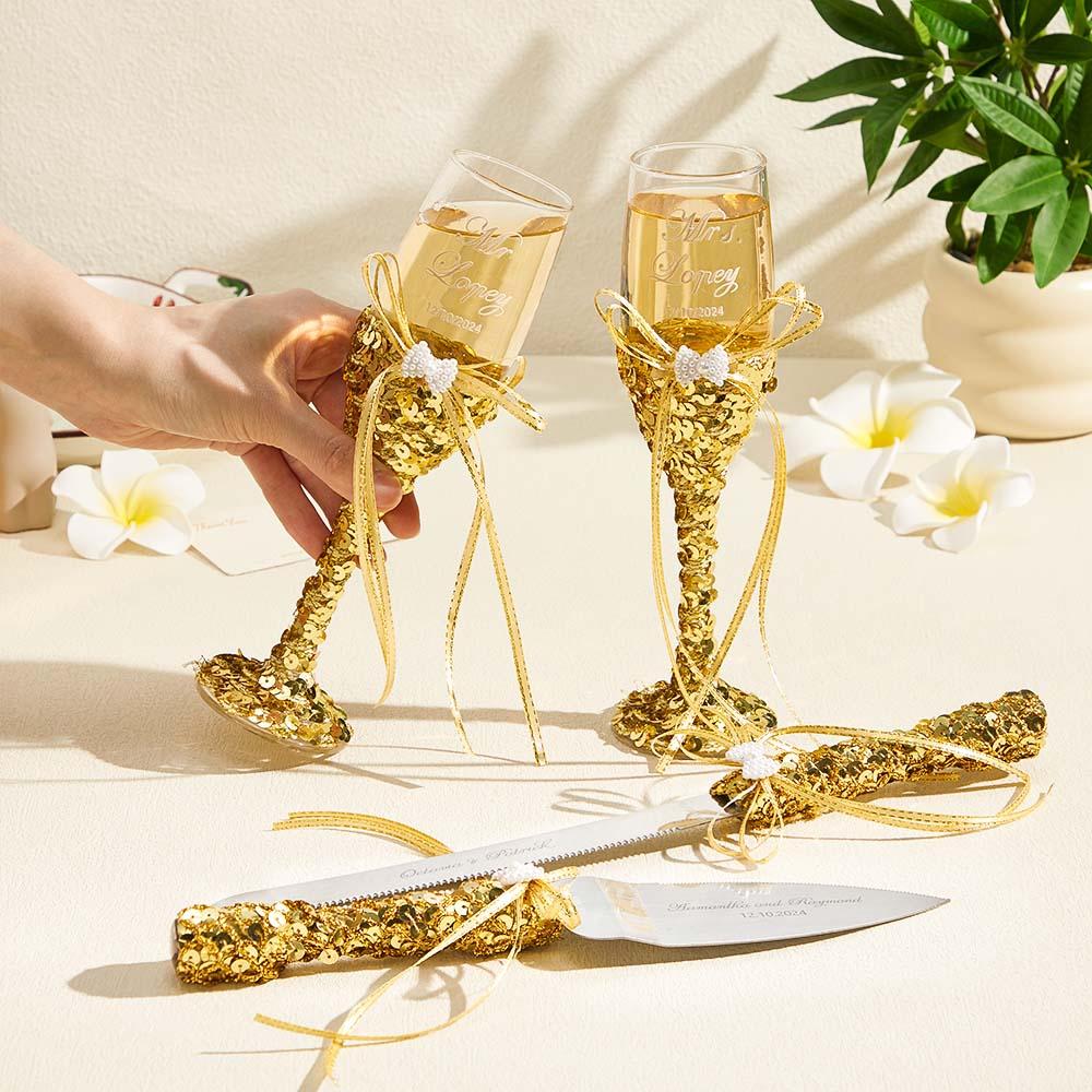 Personalized Champagne Flutes and Cake Server Set for Bride and Groom Wedding Gift