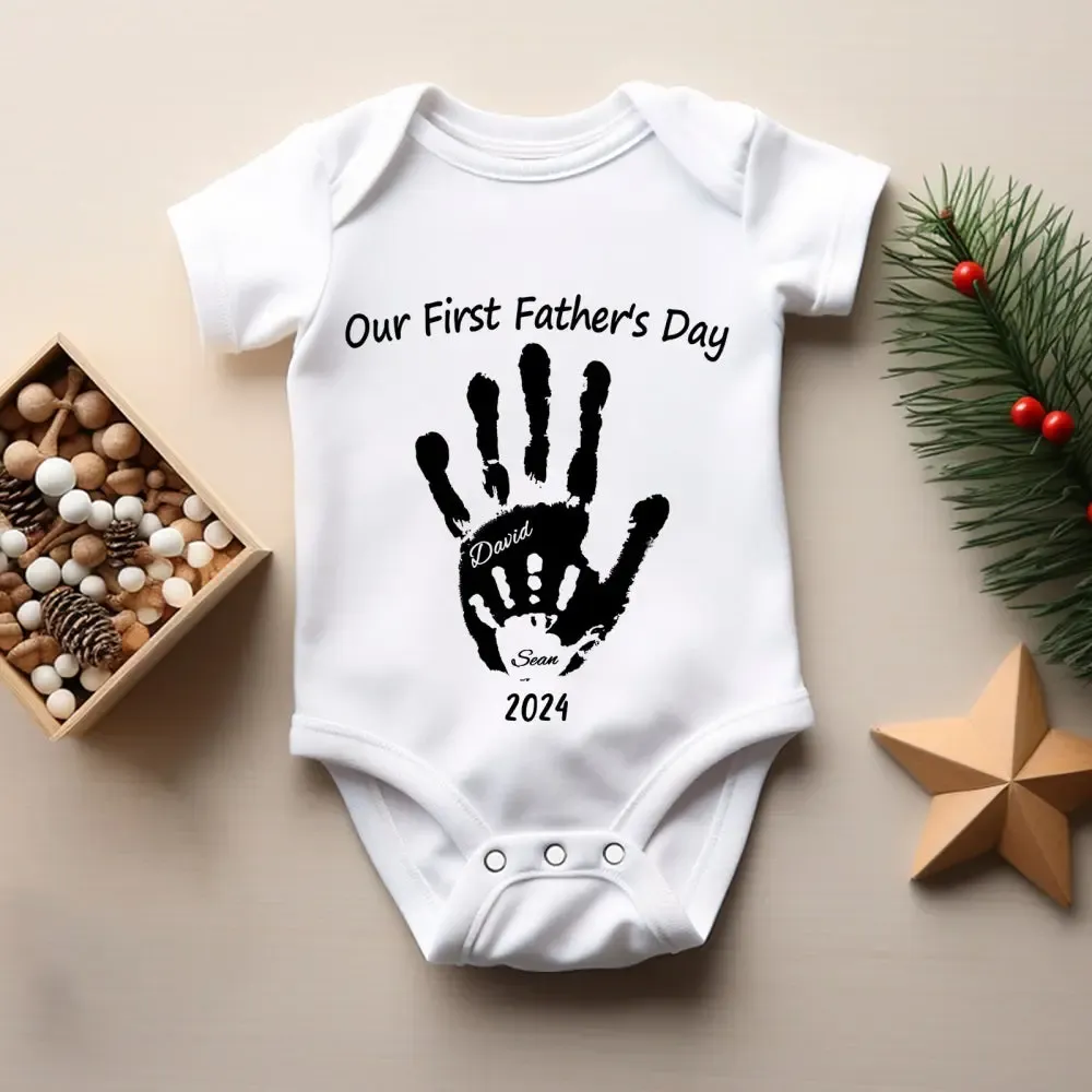 Personalized Our First Father’s Day Handprint Baby T-Shirt Gift for Baby