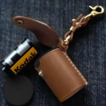Brown Digital Camera Accessories Camera PU Leather Film Bottle Case Film Storage Holster Key Chain
