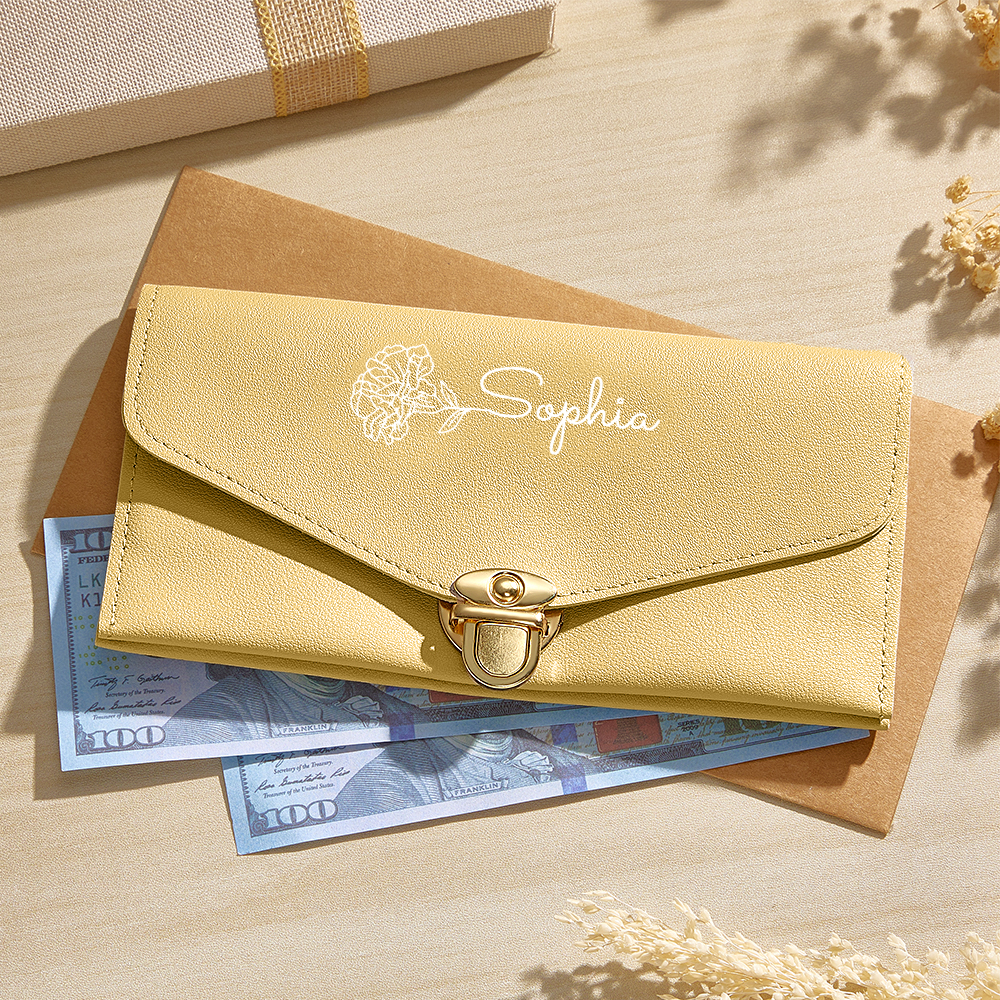 Personalized PU Leather Wallet Custom Birth Flower Wallet with Name Birthday Gift for Her