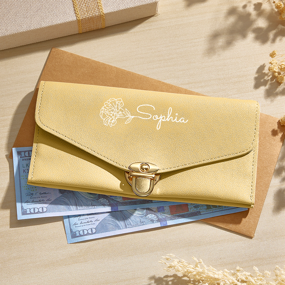 Personalized PU Leather Wallet Custom Birth Flower Wallet with Name Birthday Gift for Her