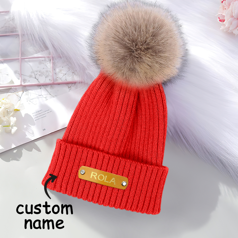 Personalized Leather Patch Beanie Custom Name Newborn Kids Winter Hat