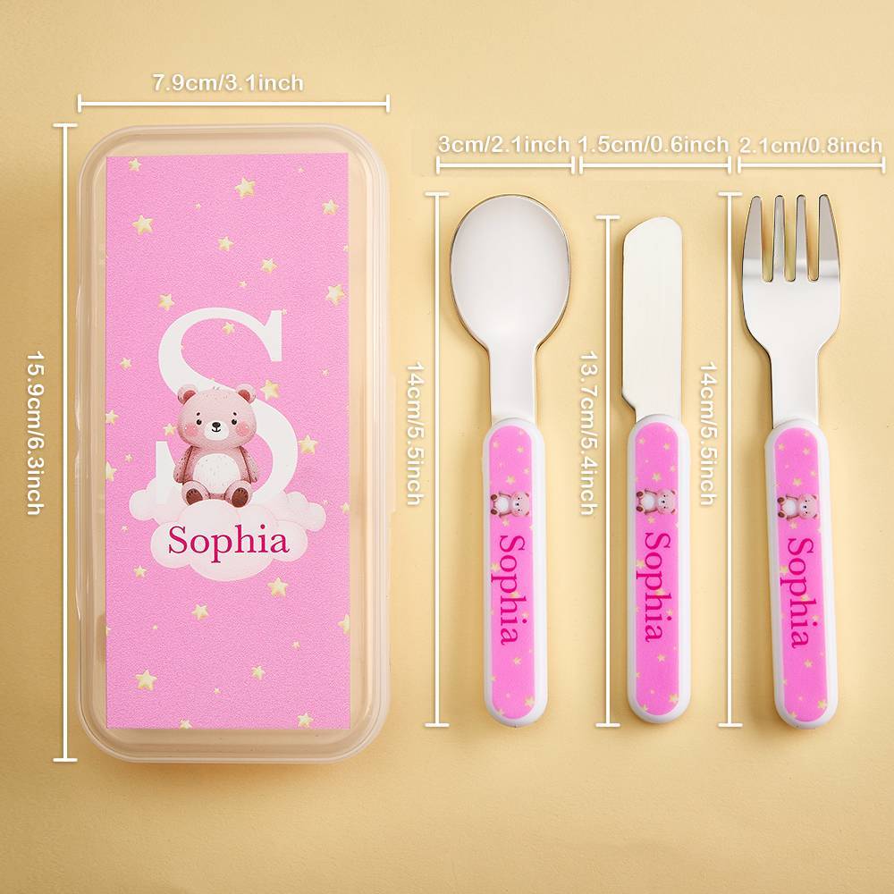 Personalized Kid’s Cutlery Set Cartoon Animal Fork Spoon Knife 3 Pcs Birthday Gift for Kids