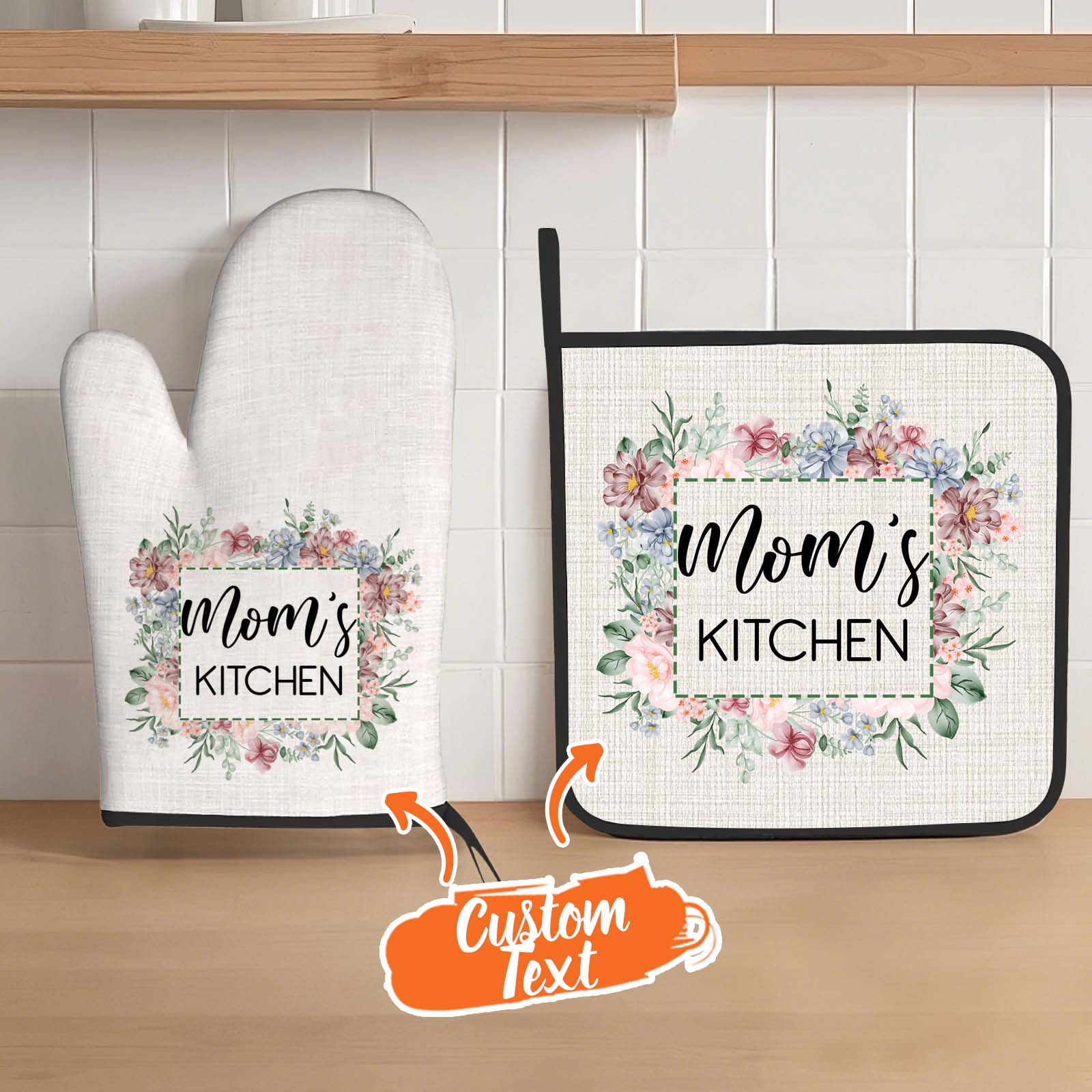 Personalized Flower Insulation Oven Mitt and Pot Holder Set with Text Kitchen Decor Gift for Mom