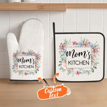 Personalized Flower Insulation Oven Mitt and Pot Holder Set with Text Kitchen Decor Gift for Mom