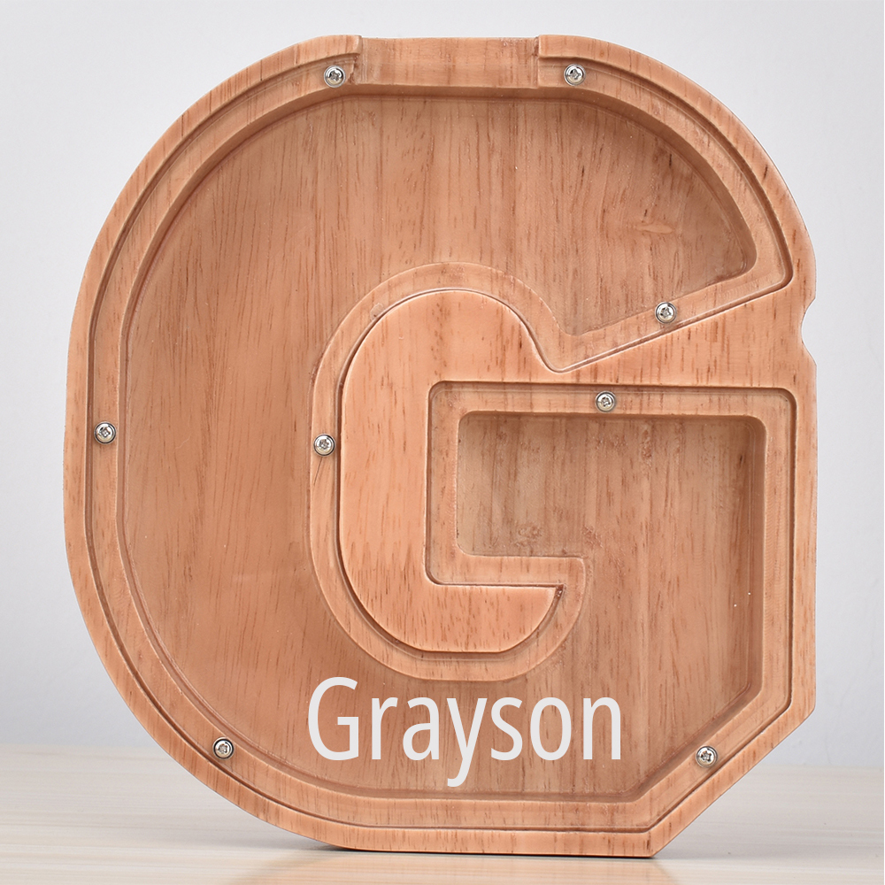 Custom Engraved Name Oak Wooden Letter Piggy Bank